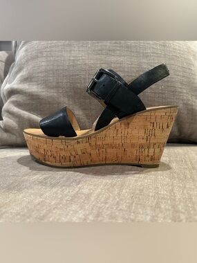 Marc Fisher Black Cork-Platform Wedge Sandals, Great Condition!